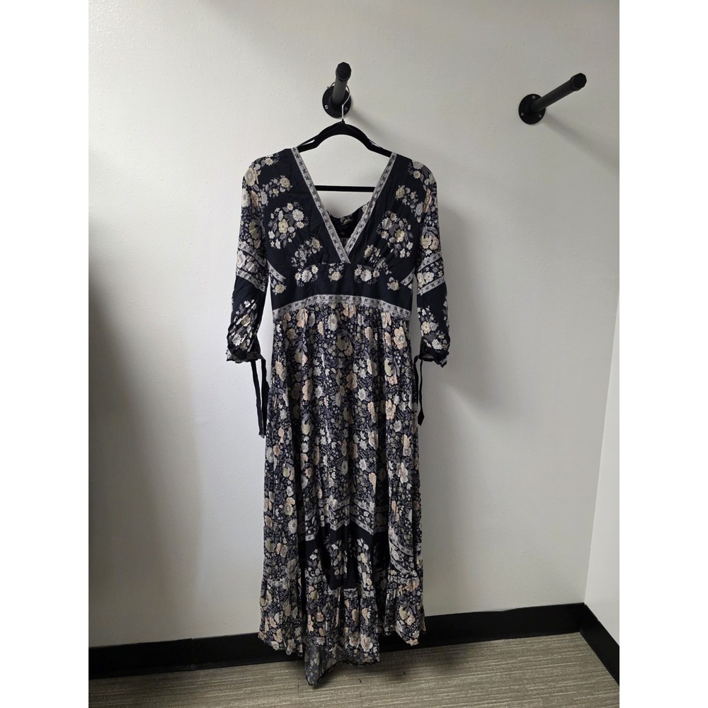 Papillon Boho Floral Maxi Dress Women's L–100% Viscose, Tie-Sleeve, V-Neck, NWT